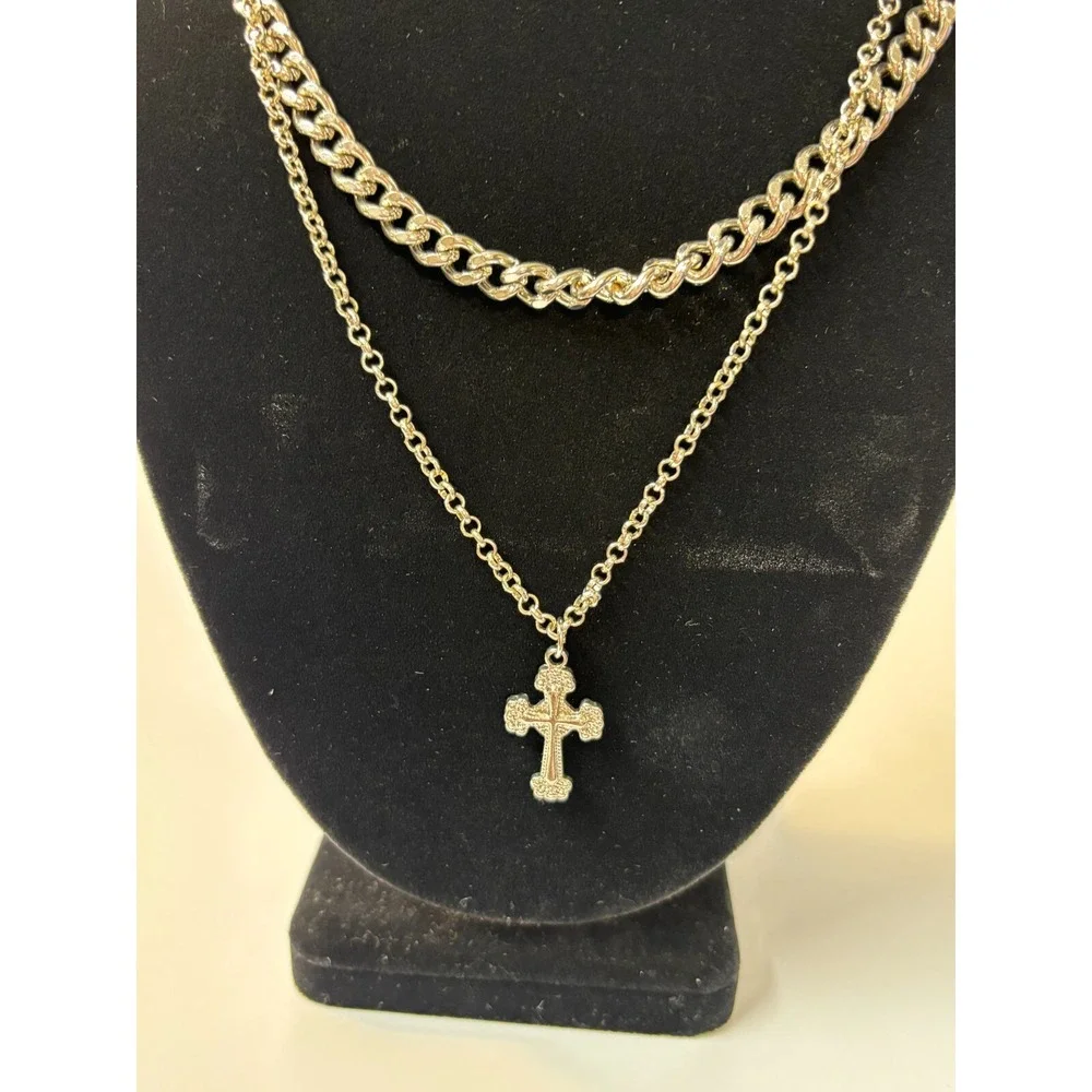 Multi Strand‎ Necklace Chunky 80s Vibes Cross Pendant